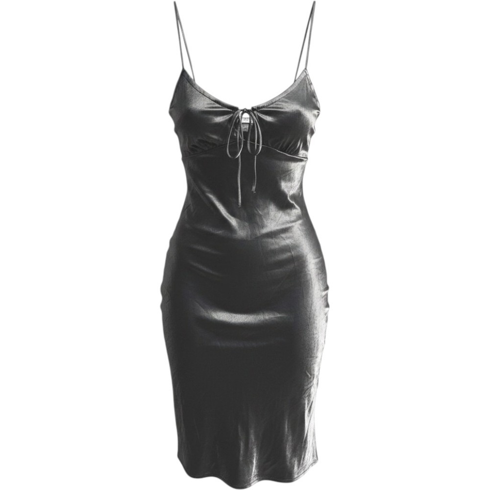 VTG Y2K Cyber Silver Metallic Babydoll Slip Dress Spaghetti Strap Midi Chic SEE